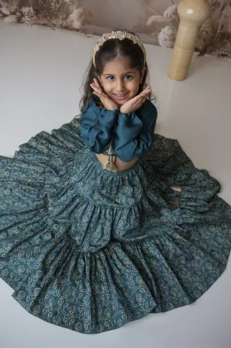 Blue cotton hand woven traditional crop top with tiered lehnga