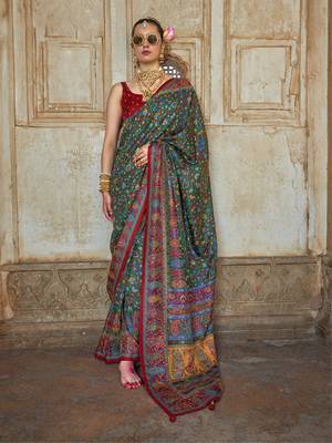 Dark green poly viscose silk floral printed pashmina saree with paisley design border 1