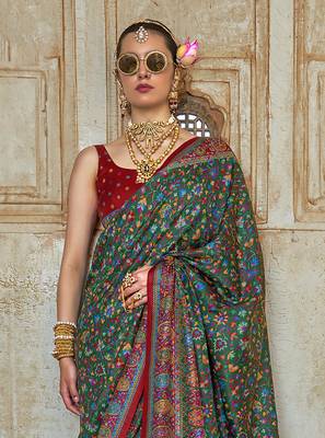Dark green poly viscose silk floral printed pashmina saree with paisley design border 3