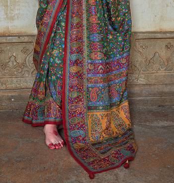 Dark green poly viscose silk floral printed pashmina saree with paisley design border 4