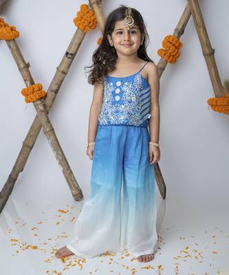 Blue cotton hand woven traditional crop top with shaded pants 1
