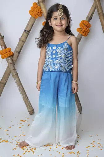 Blue cotton hand woven traditional crop top with shaded pants