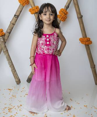 Pink cotton hand woven traditional crop top with shaded pants 1