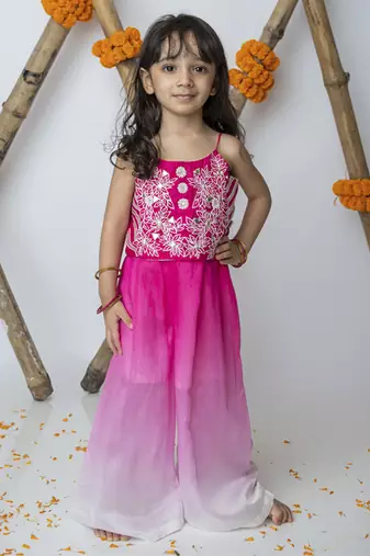 Pink cotton hand woven traditional crop top with shaded pants