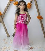 Pink cotton hand woven traditional crop top with shaded pants