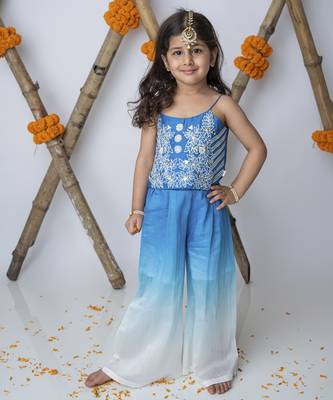 Blue cotton hand woven traditional crop top with shaded pants 3