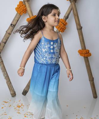 Blue cotton hand woven traditional crop top with shaded pants 4