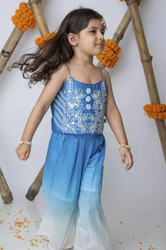 Blue cotton hand woven traditional crop top with shaded pants