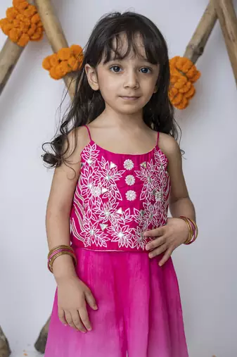 Pink cotton hand woven traditional crop top with shaded pants