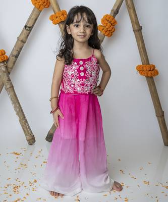 Pink cotton hand woven traditional crop top with shaded pants 5