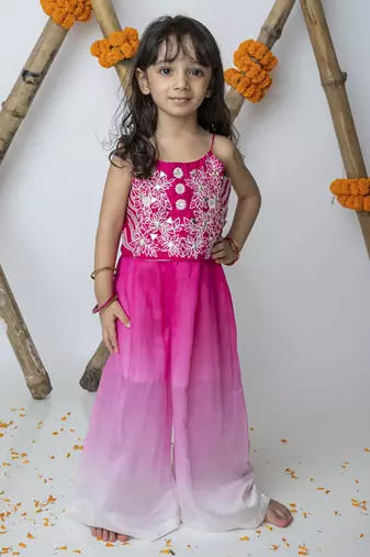 Pink cotton hand woven traditional crop top with shaded pants