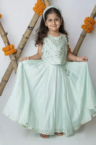 Green cotton hand woven traditional halter lehnga