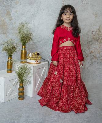 Red cotton hand woven traditional crop top with tiered lehnga 1