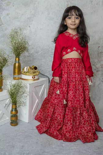 Red cotton hand woven traditional crop top with tiered lehnga