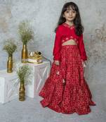Red cotton hand woven traditional crop top with tiered lehnga
