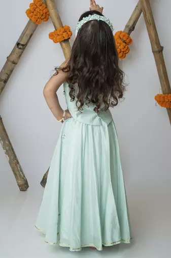 Green cotton hand woven traditional halter lehnga