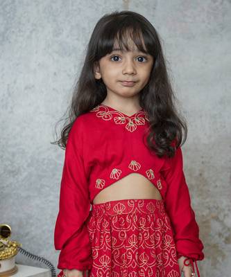 Red cotton hand woven traditional crop top with tiered lehnga 2