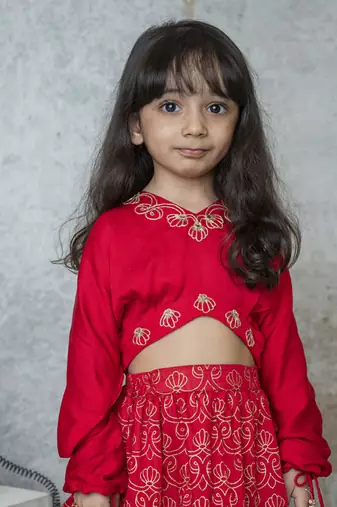 Red cotton hand woven traditional crop top with tiered lehnga