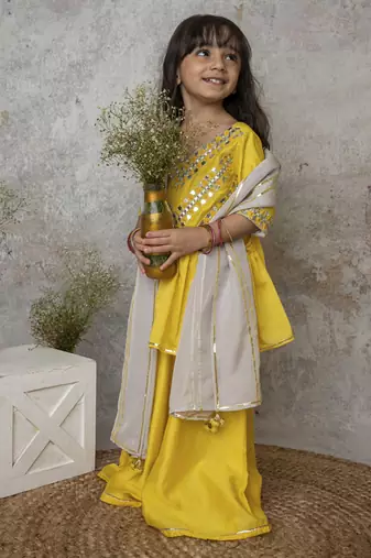 Yellow cotton hand woven traditional sharara with dupatta