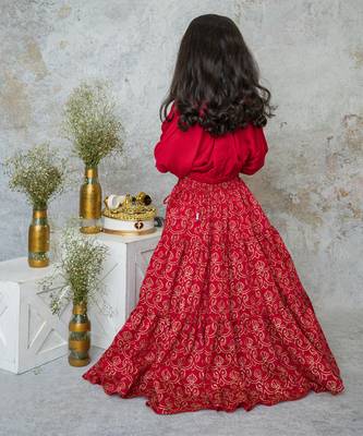 Red cotton hand woven traditional crop top with tiered lehnga 3