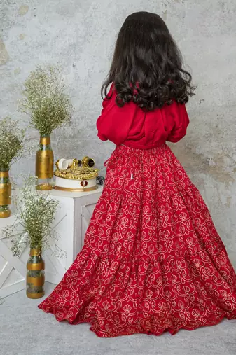 Red cotton hand woven traditional crop top with tiered lehnga