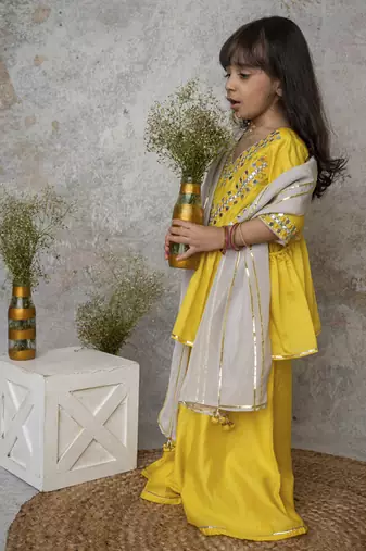 Yellow cotton hand woven traditional sharara with dupatta