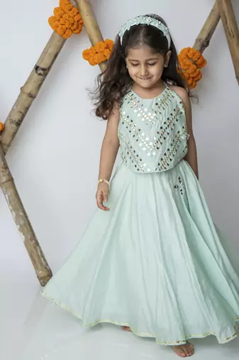 Green cotton hand woven traditional halter lehnga