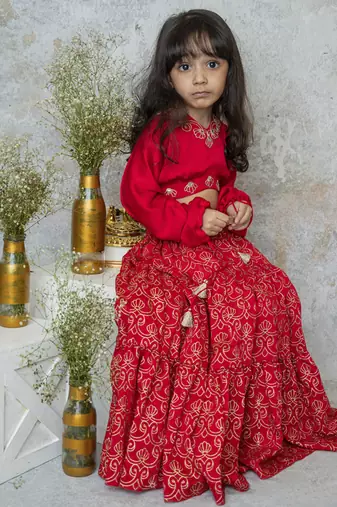 Red cotton hand woven traditional crop top with tiered lehnga