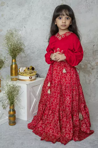 Red cotton hand woven traditional crop top with tiered lehnga