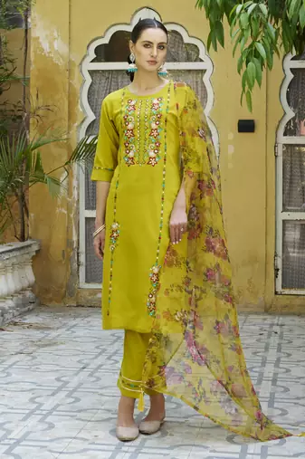 Lemon embroidered viscose rayon kurta sets