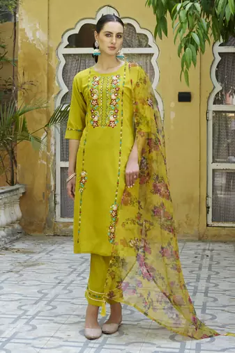 Lemon embroidered viscose rayon kurta sets