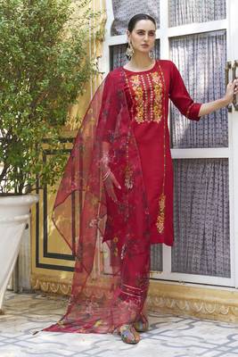 Maroon embroidered viscose rayon kurta sets 1