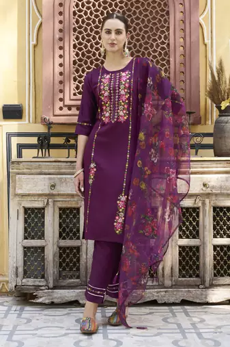 Purple embroidered viscose rayon kurta sets