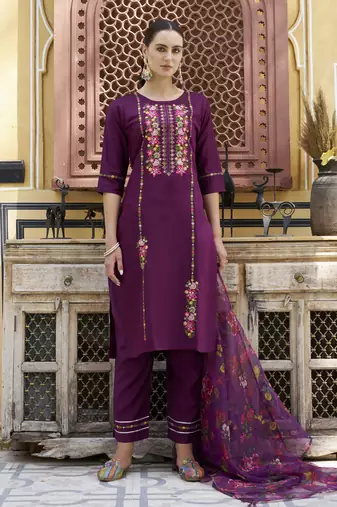 Purple embroidered viscose rayon kurta sets