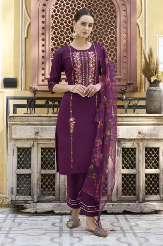 Purple embroidered viscose rayon kurta sets