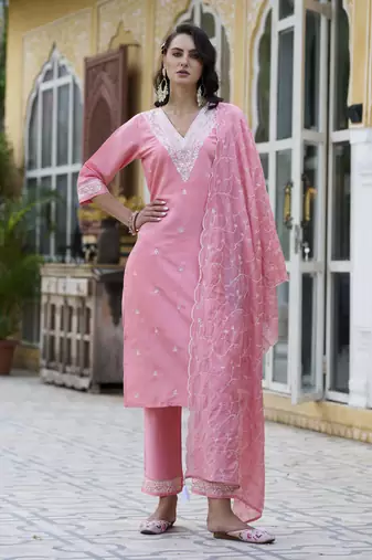Pink embroidered silk blend kurta sets