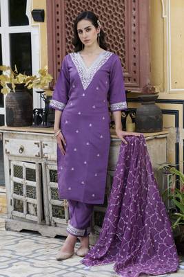 Purple embroidered silk blend kurta sets 1