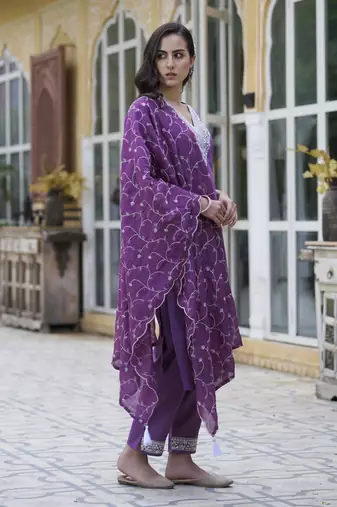 Purple embroidered silk blend kurta sets
