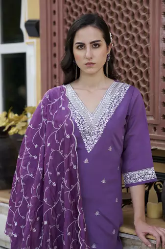 Purple embroidered silk blend kurta sets