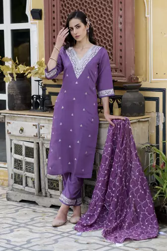 Purple embroidered silk blend kurta sets