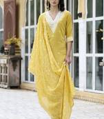 Yellow embroidered silk blend kurta sets