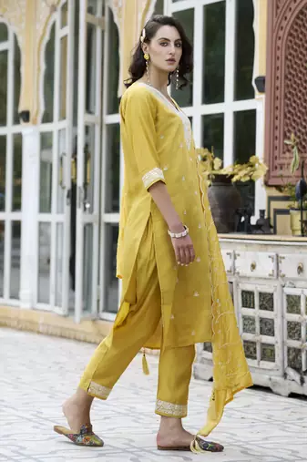 Yellow embroidered silk blend kurta sets