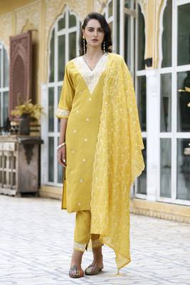 Yellow embroidered silk blend kurta sets 3