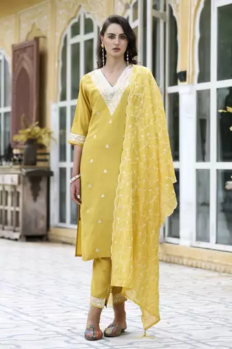 Yellow embroidered silk blend kurta sets
