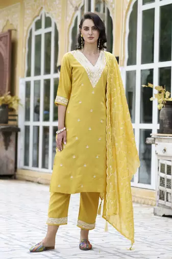 Yellow embroidered silk blend kurta sets