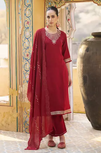 Maroon embroidered viscose rayon kurta sets