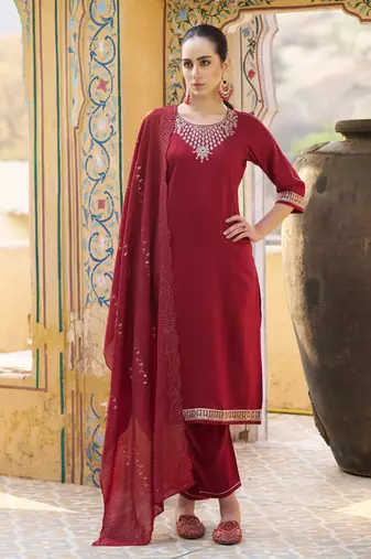 Maroon embroidered viscose rayon kurta sets