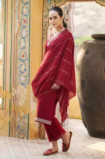 Maroon embroidered viscose rayon kurta sets