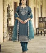 Blue embroidered muslin print kurta sets