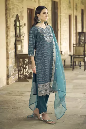 Blue embroidered muslin print kurta sets